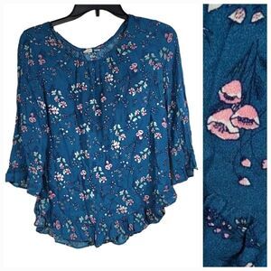 Gap Women's XS Teal Floral Ruffle Peasant Top Lightweight Frilly Blouse Shirt